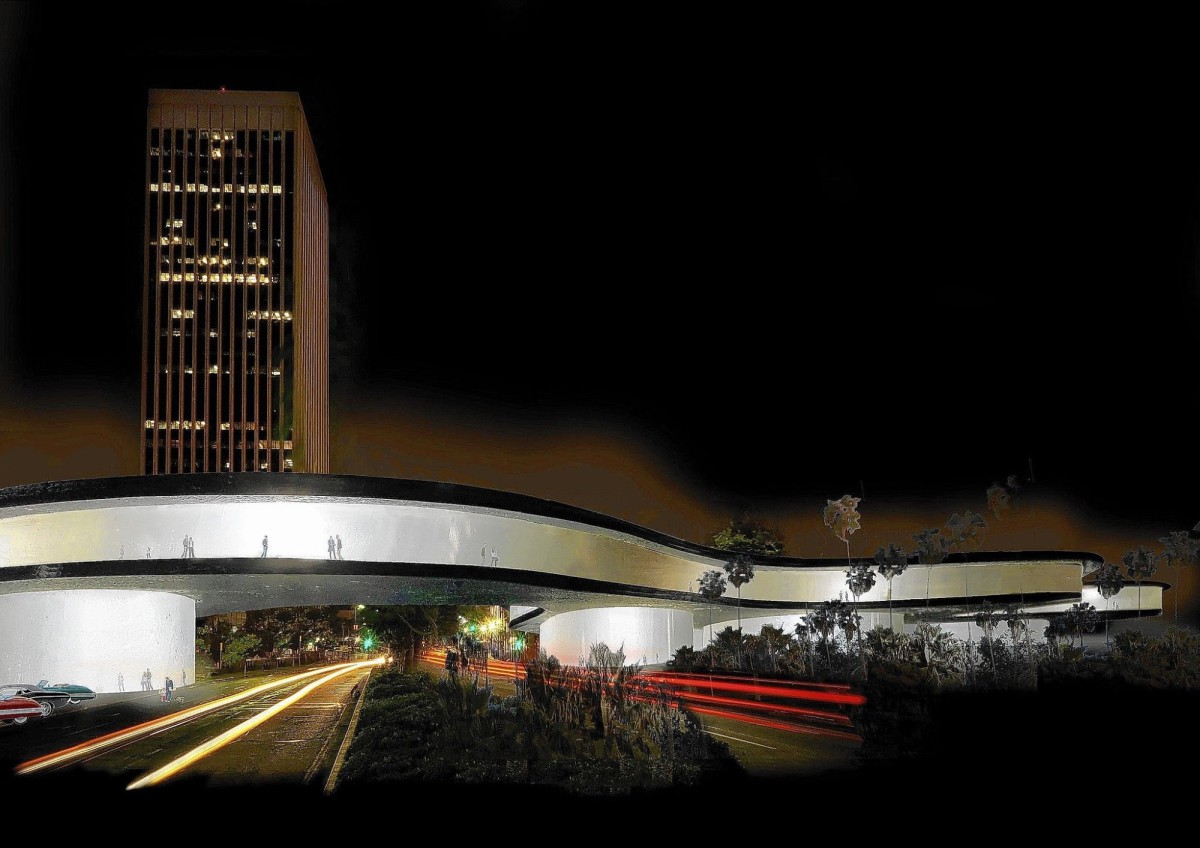 Pictured is a rendering of the proposed design from Peter Zumthor for LACMA.  The view is facing west from Wilshire Blvd. near Spaulding  Avenue.